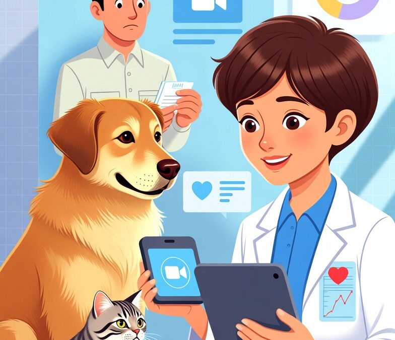 Veterinarian conducting a telemedicine consultation with a pet owner via tablet, showing a dog and cat, with digital interface elements in the background.